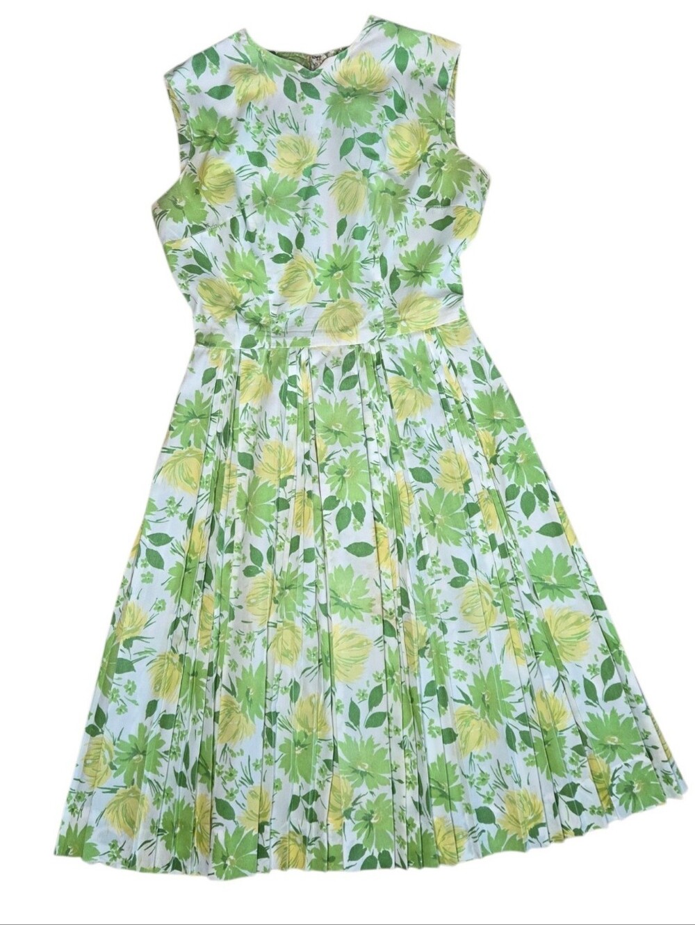 Vintage 1960s Green Yellow Floral Pleated Cotton Dress USA Union Made - Picture 7 of 16